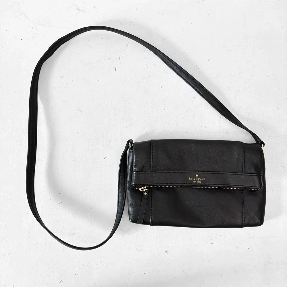 Kate Spade New York Black Leather Crossbody‎ Bag WKRU2593 Gold Hardware